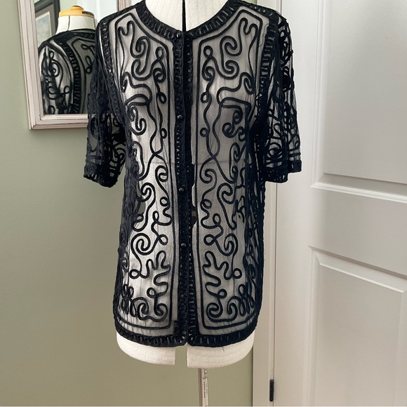 BLACK EMBROIDERED/LACE CARDIGAN, VINTAGE, SIZE:L - Picture 1 of 10